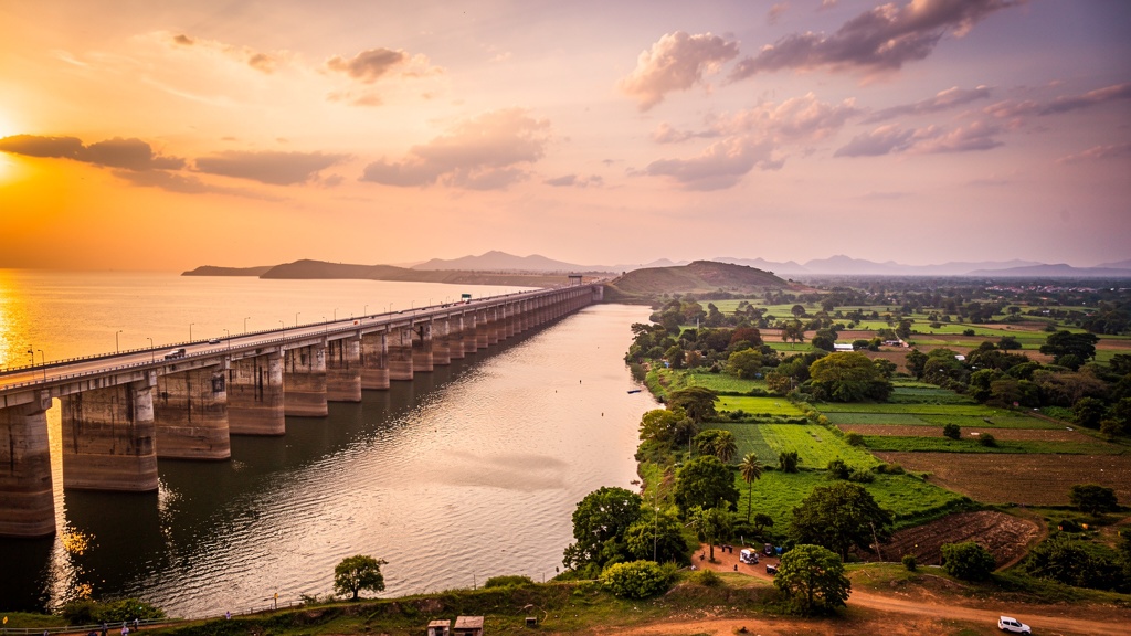 Hirakud Dam at sunset panoramic view